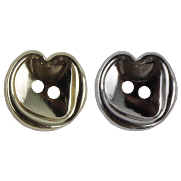 Peach-shaped metal buttons, two-hole gold and silver (pair close-up)