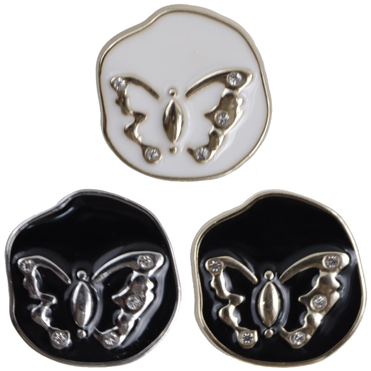 White gold butterfly metal shank button, irregular round face with rhinestone accents