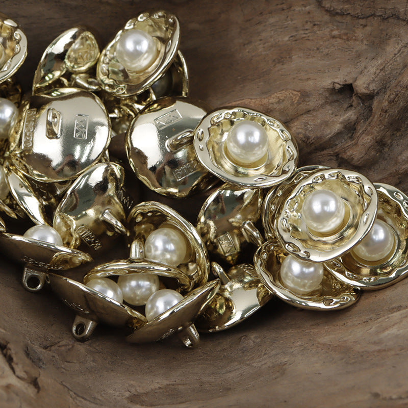 Gold lotus pearl metal buttons, oval floral rim around white pearl center