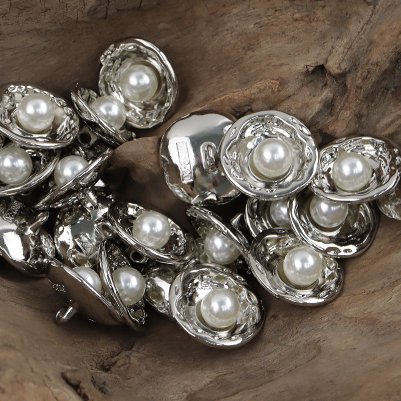 Silver lotus pearl metal buttons with white pearl centers and scalloped floral edge