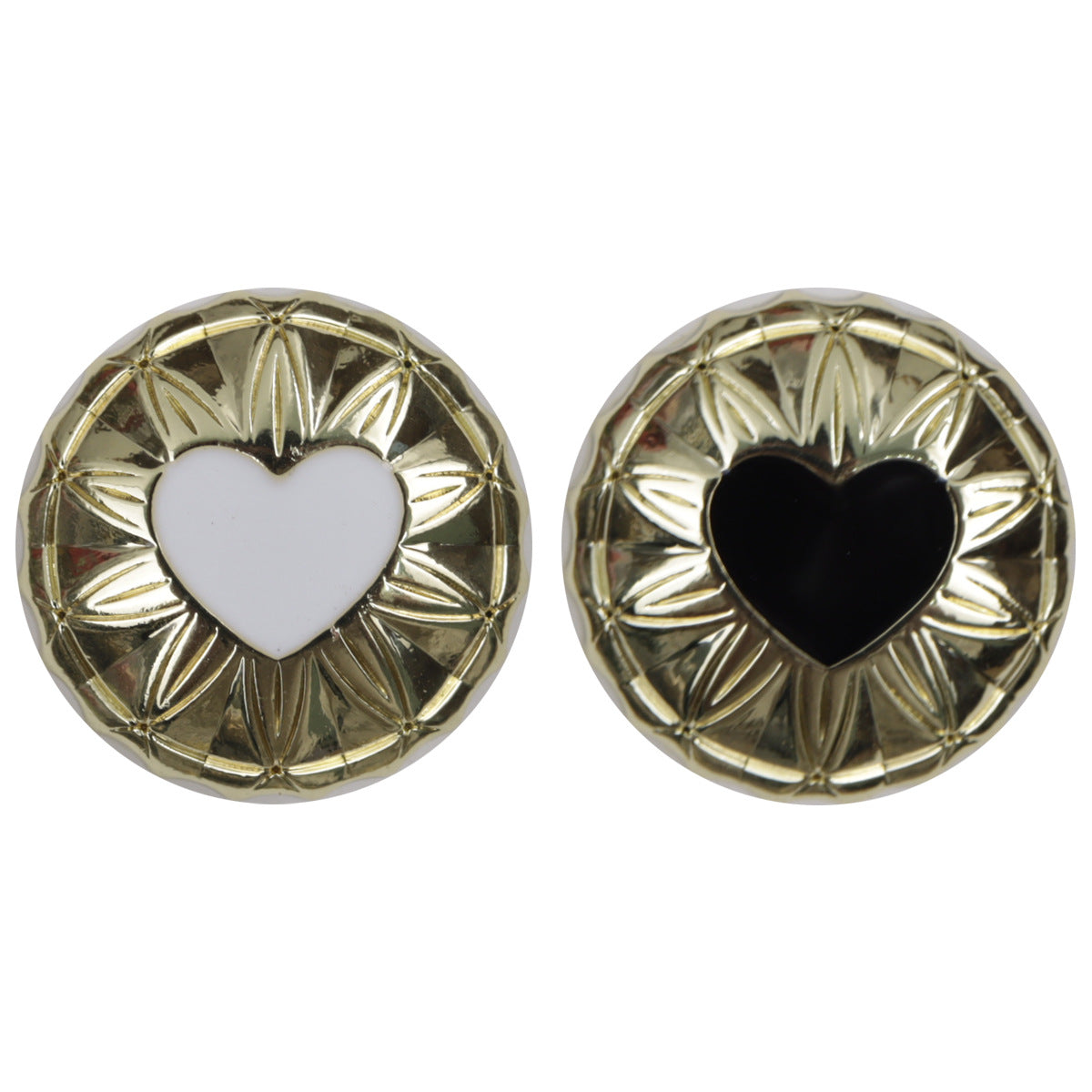 Round gold metal shank buttons with white heart and black heart inlays