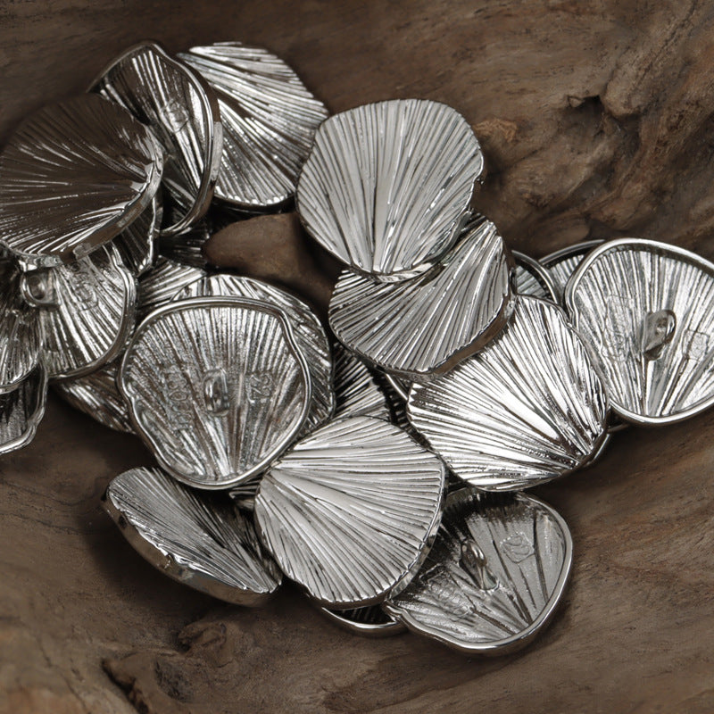 Ginkgo leaf fan-shaped metal buttons, silver finish, ridged fan texture