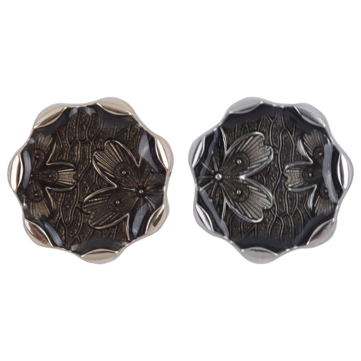Polygonal flower metal shank buttons, gold and silver, 2 front views with raised rims