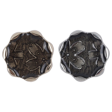 Polygonal flower metal shank buttons, gold and silver, 2 front views with raised rims