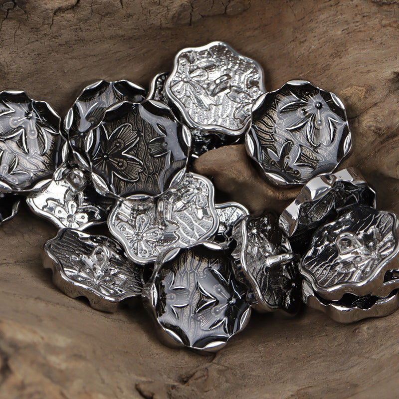 Silver polygonal flower-pattern metal shank buttons, engraved floral petals and scalloped edges