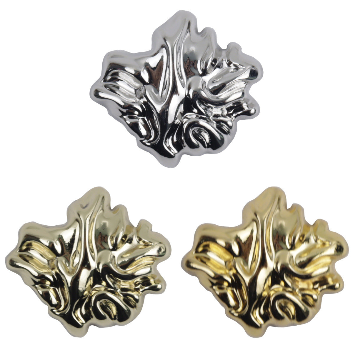 3D leaf-shaped metal buttons with shank, silver and gold finish (10 pcs)