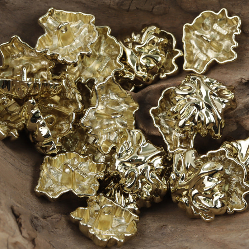 3D leaf-shaped metal buttons with shank, gold finish, multiple pieces