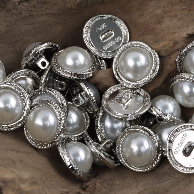 10-pack round pearl inlay buttons with silver metal frames and shank backs