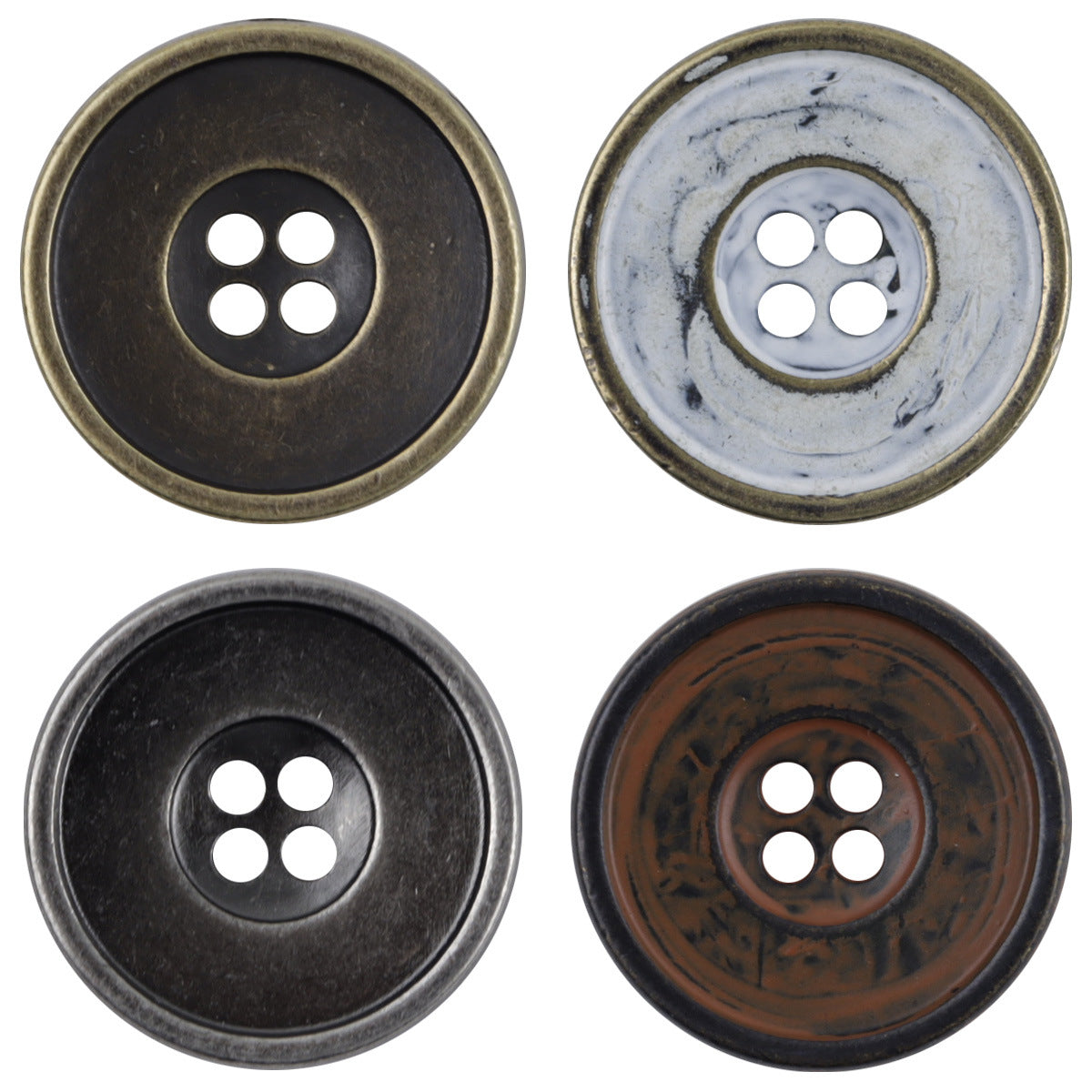 Vintage 4-hole metal buttons, dark bronze and antique silver finishes, set view