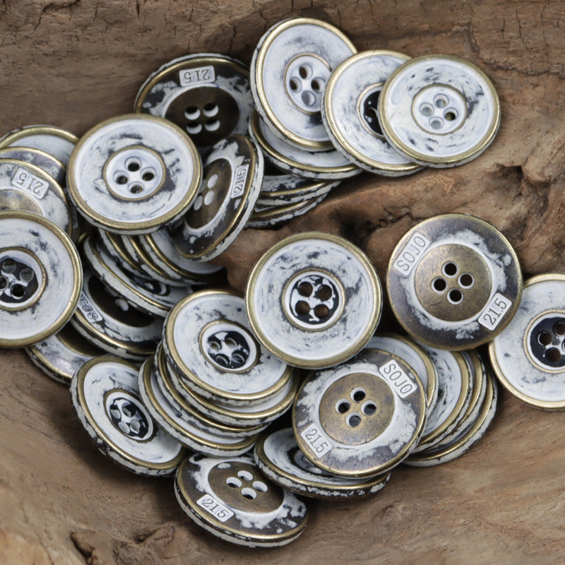 Vintage 4-hole metal buttons, silver-gray finish with worn edges, 10-pack style