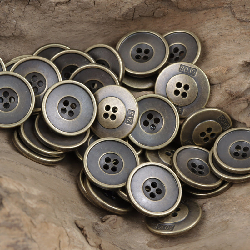 Vintage 4-hole metal buttons, charcoal to gunmetal tones with bronze rim, bulk pack