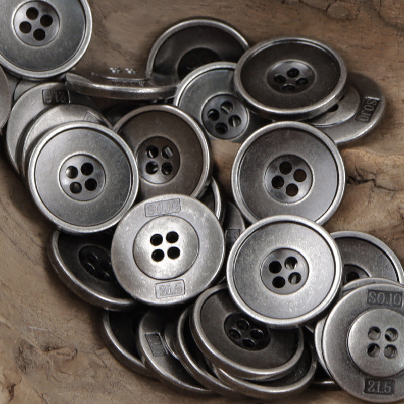 Vintage 4-hole metal buttons, metallic gray and dark bronze mix, round design