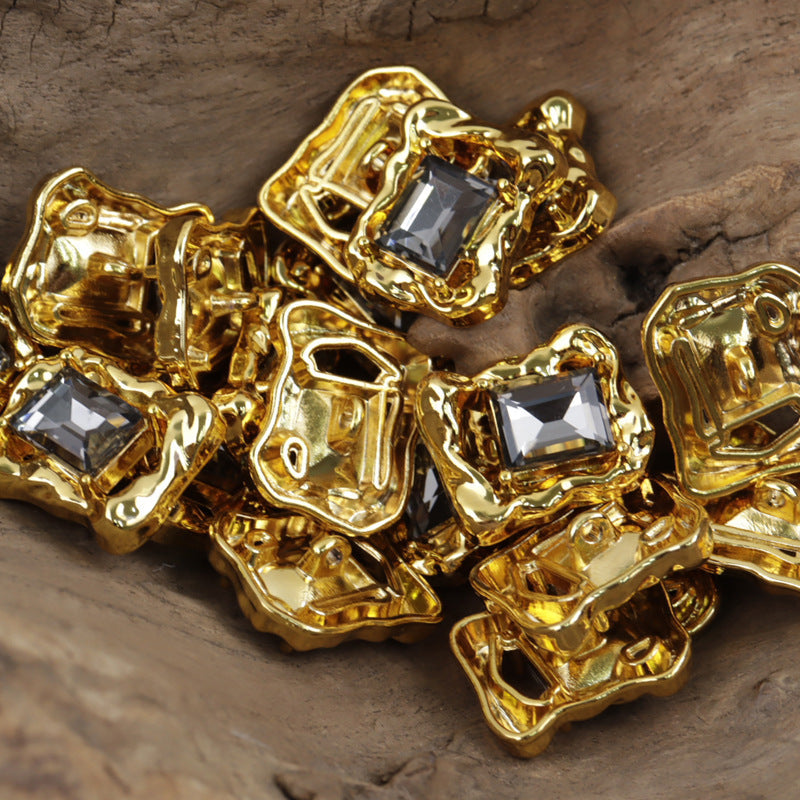 Gold rectangular decorative buttons with zircon inlay, ornate metal frame