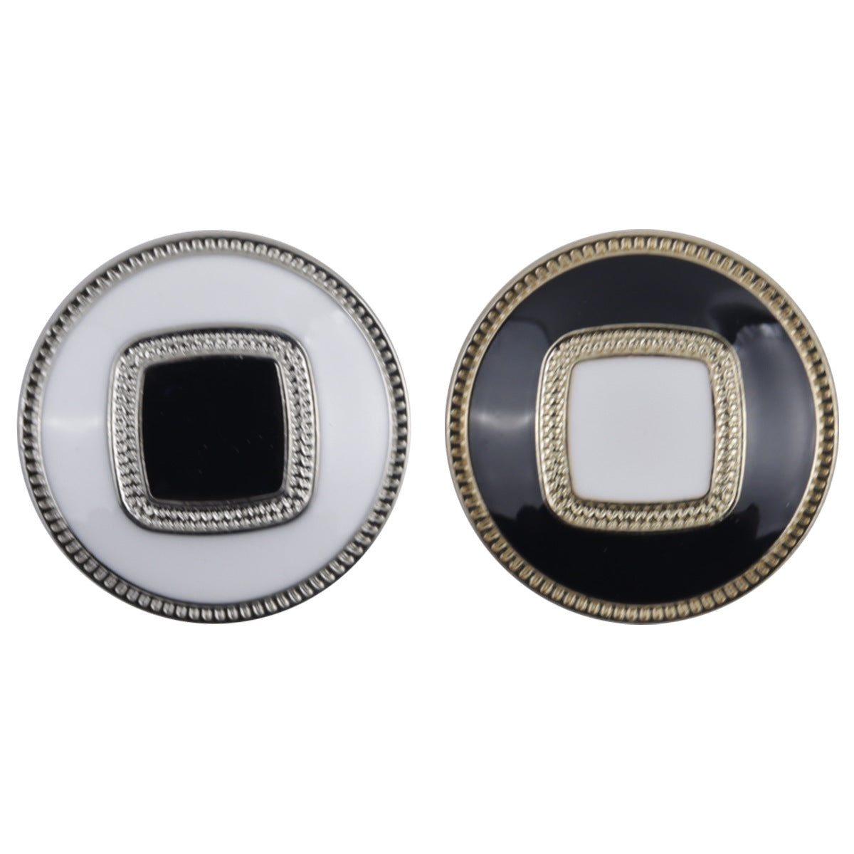 Round metal buttons with embedded square pattern, silver and gold tone finish