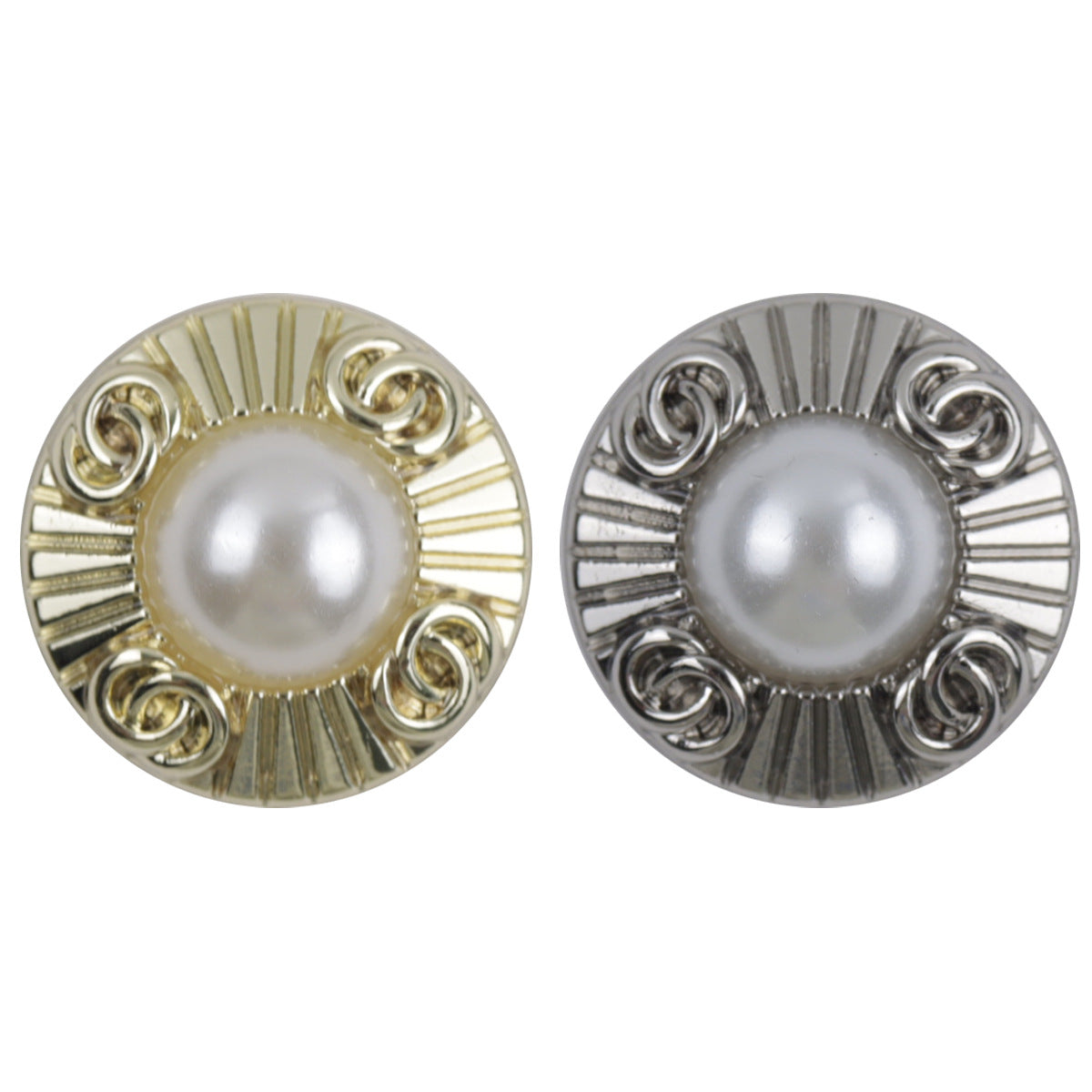 Gold double-ring decorative button with central faux pearl and ridged metal edge