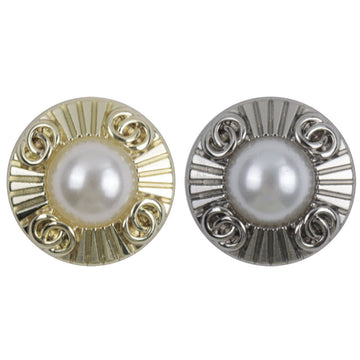Gold double-ring decorative button with central faux pearl and ridged metal edge