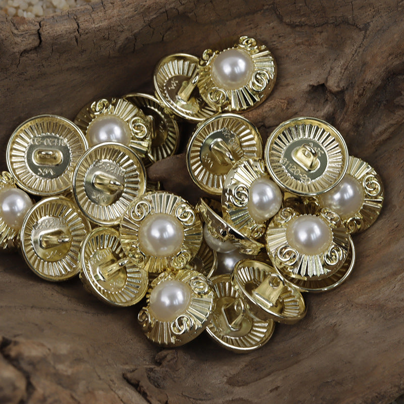 Lot of gold metal decorative buttons with pearl center and spiral ring accents