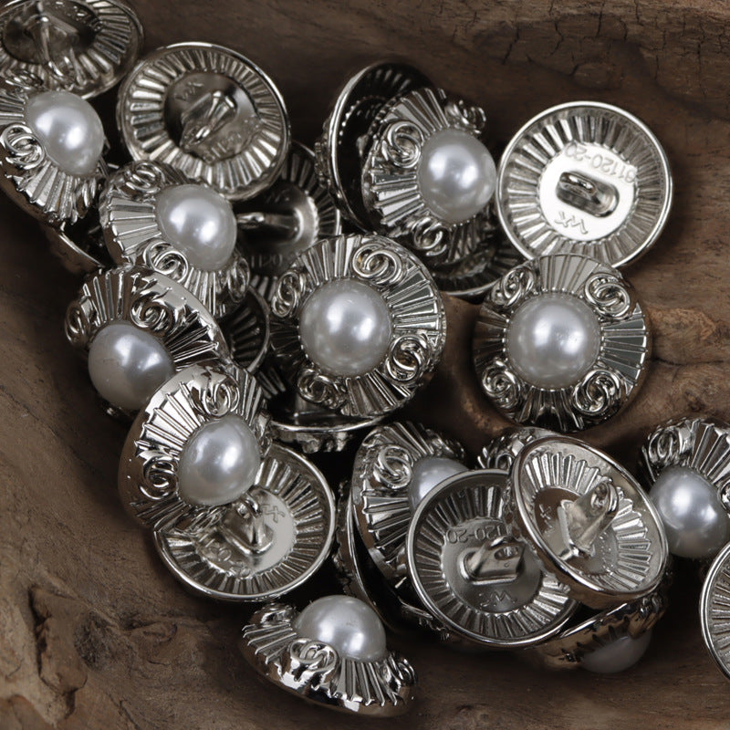 Silver metal decorative buttons with faux pearl front, ridged edge and loop shanks