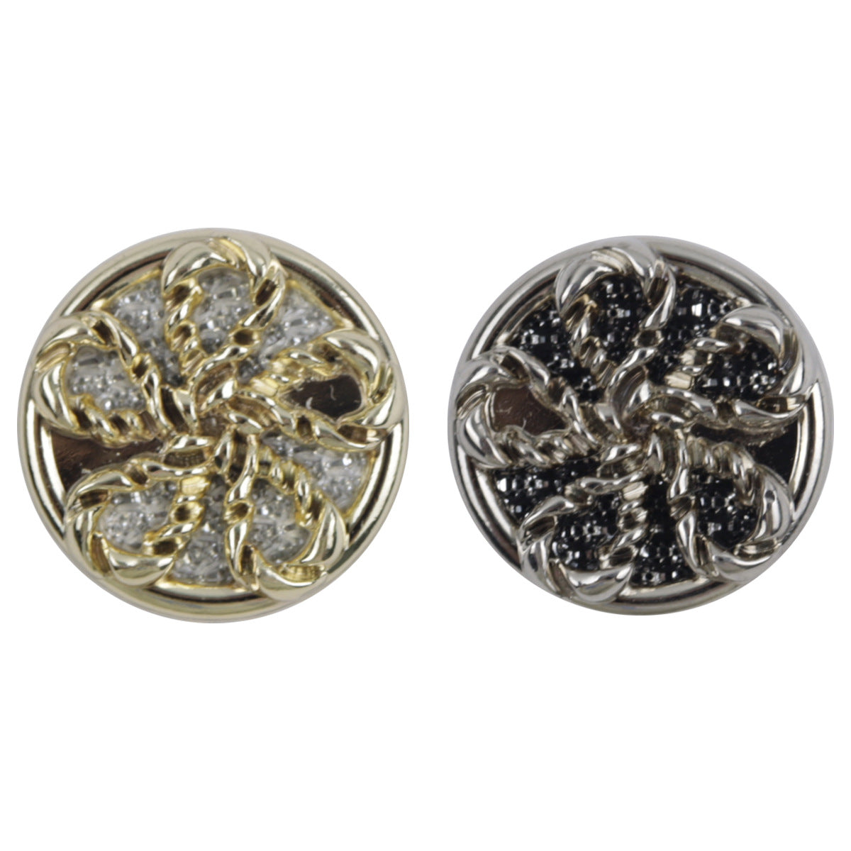 Gold & silver windmill metal buttons, round embossed swirl fronts with rim