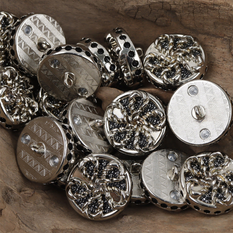 Silver windmill metal buttons, embossed swirl fronts, round with fastening holes