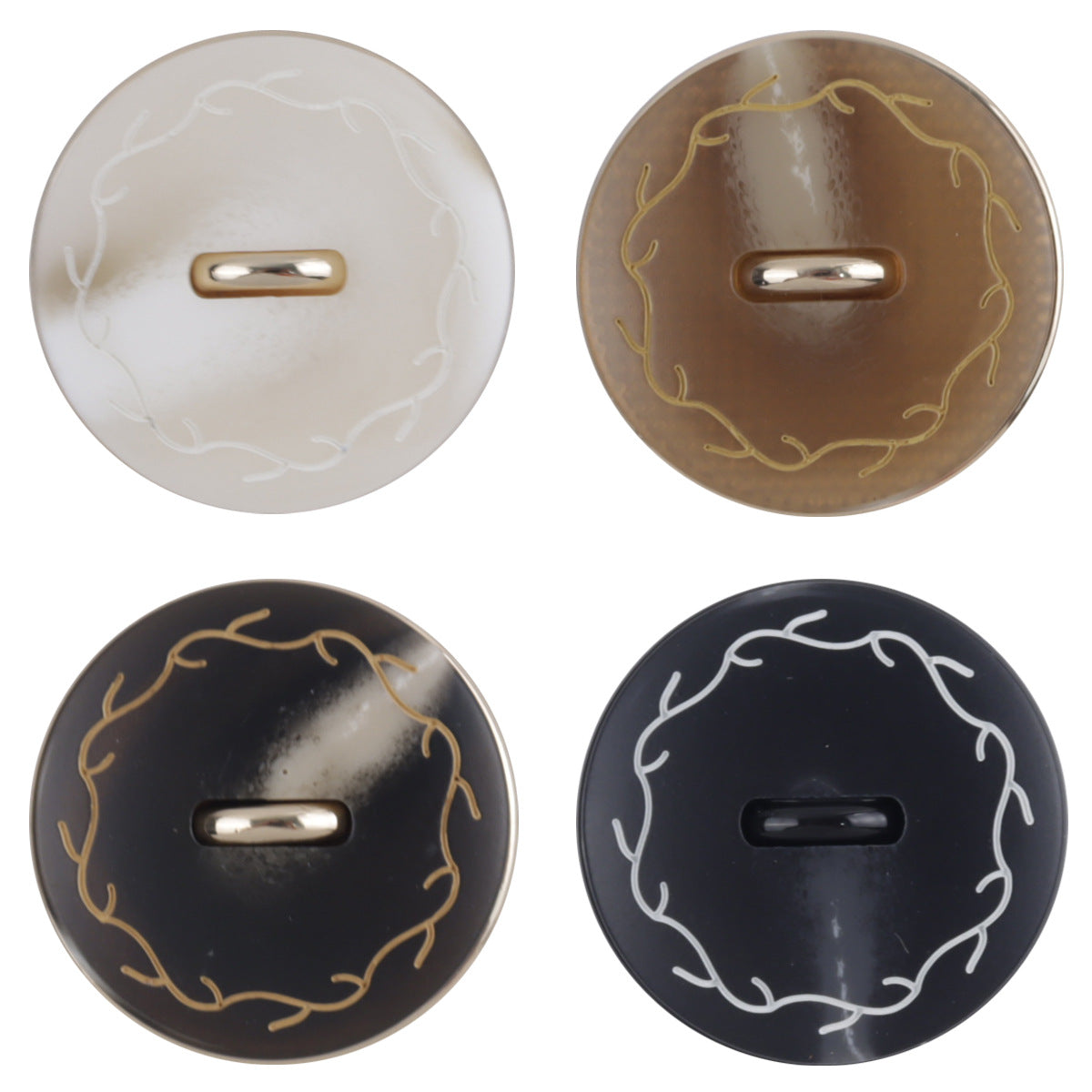 White wreath resin-metal flat button, gold-tone shank, set of 10 pcs