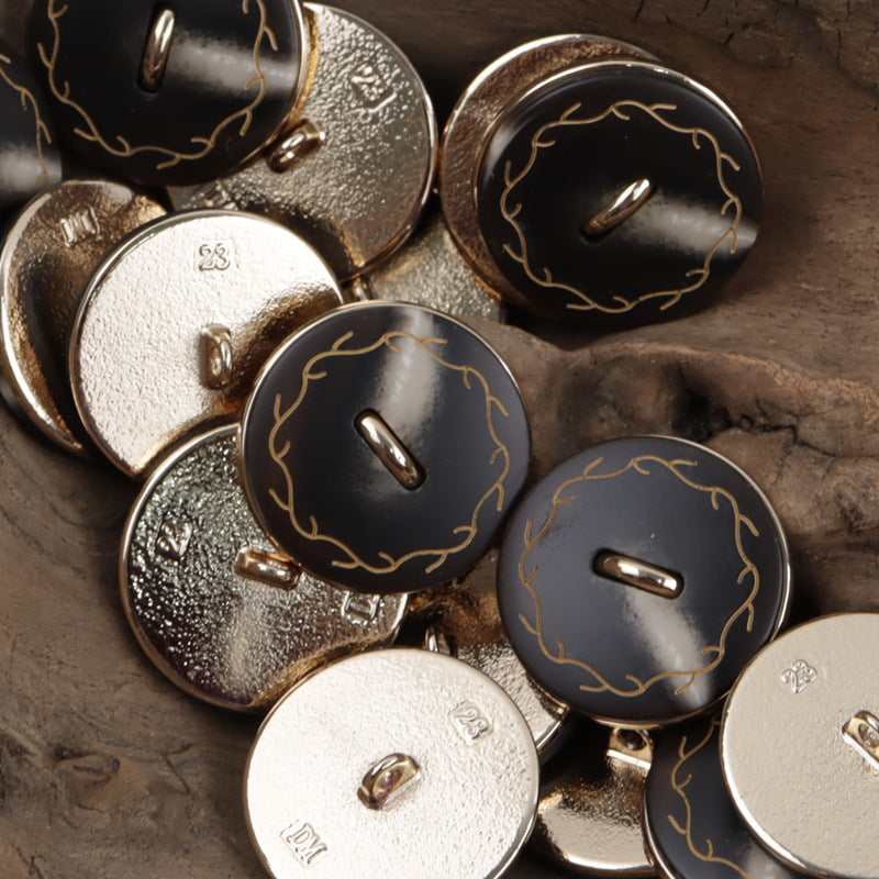 Coffee and black wreath resin-metal flat buttons, gold shank, 10 pcs