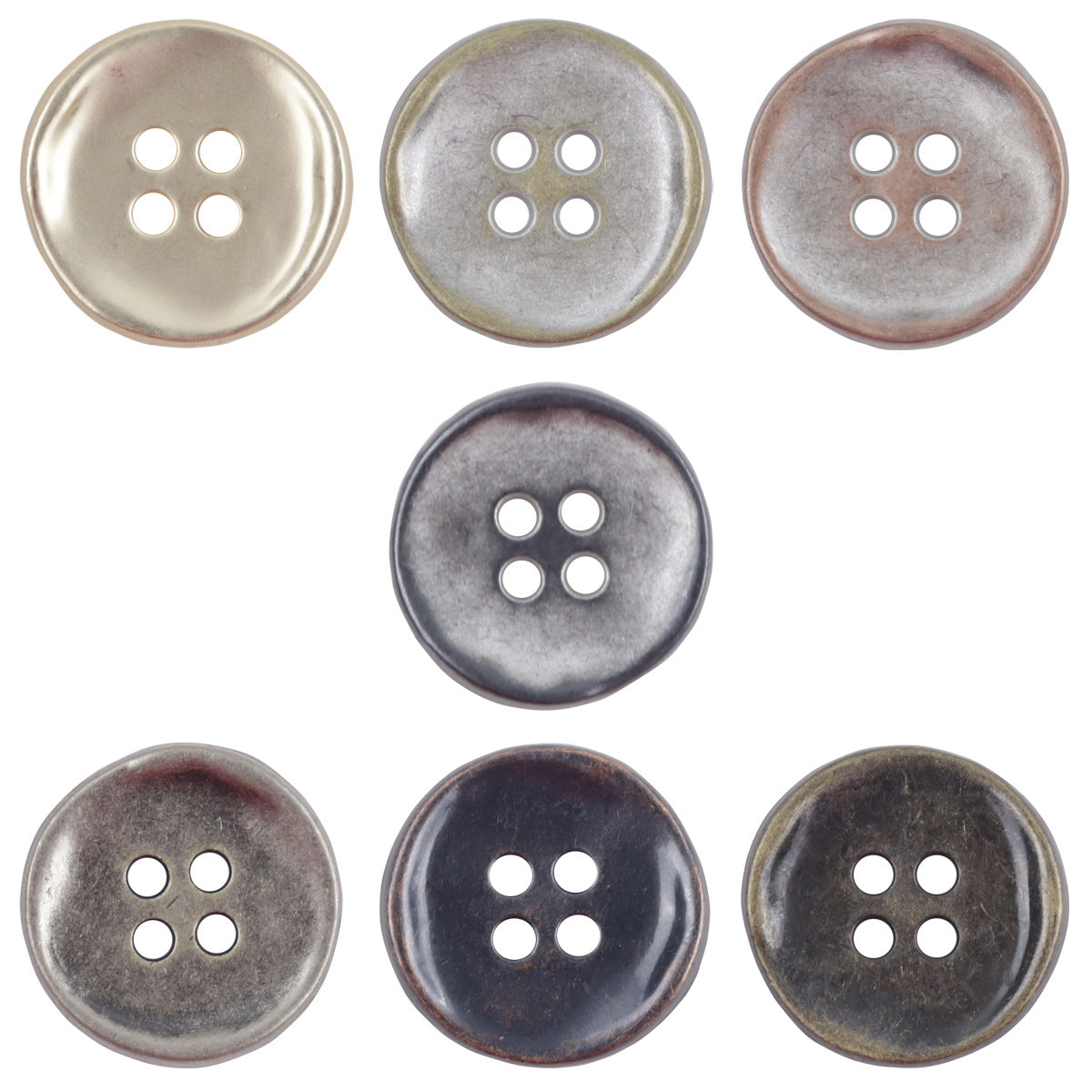 Retro 4-hole metal buttons set, antique silver, bronze, and dark tones