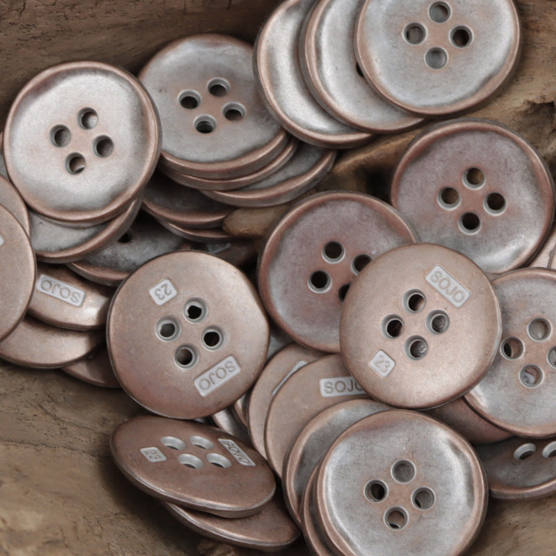 Retro 4-hole metal buttons, bronze and silver mixed metallic finishes