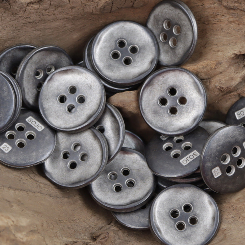 Retro 4-hole metal buttons, mostly silver and dark silver finishes