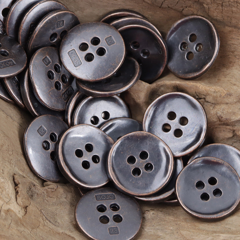 Retro 4-hole metal buttons, dark and silver tones with engraved logo