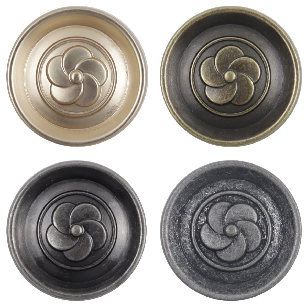 Runde Vintage Camellia Metallknöpfe mit Stiel, 4 Farben im Set (Gold, Bronze, Silber, Antiksilber)