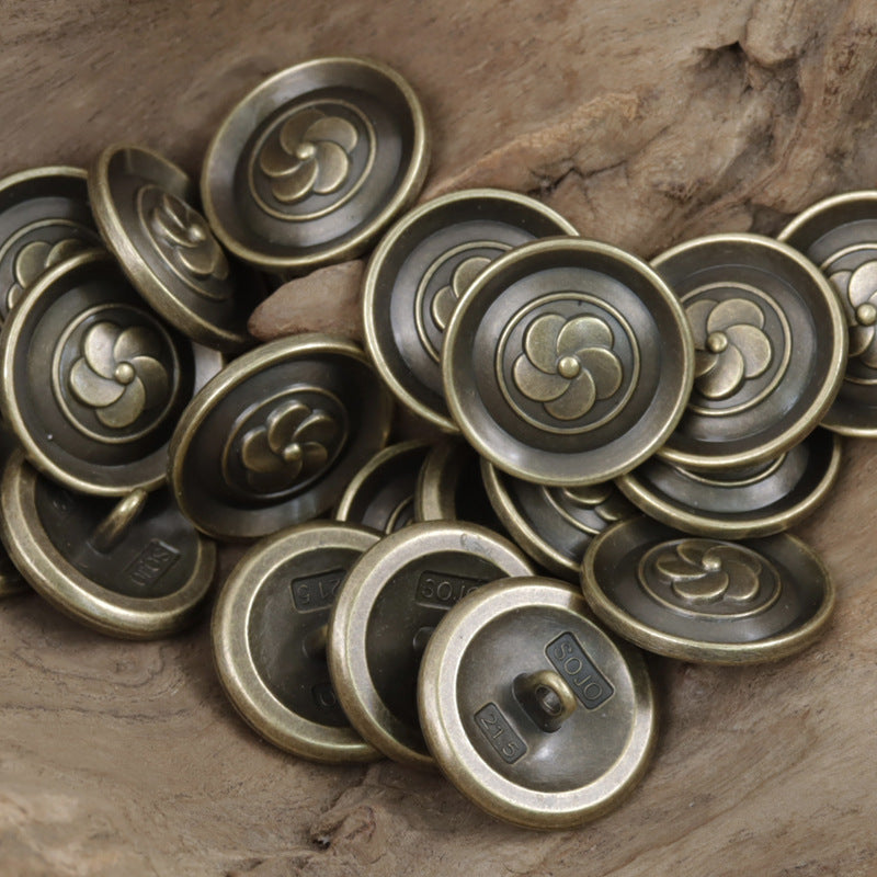 Paket runder Camellia-Metallknöpfe mit Stiel, antike Optik in Bronze- und Silbertönen