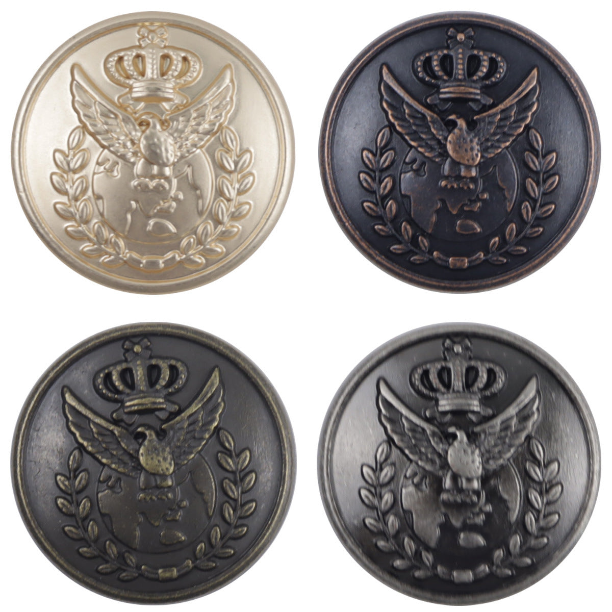 Round metal buttons with crown and eagle crest; gold-tone and dark finishes