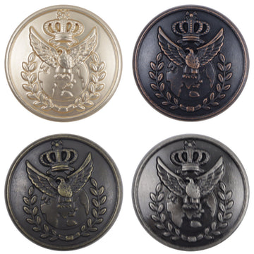 Round metal buttons with crown and eagle crest; gold-tone and dark finishes