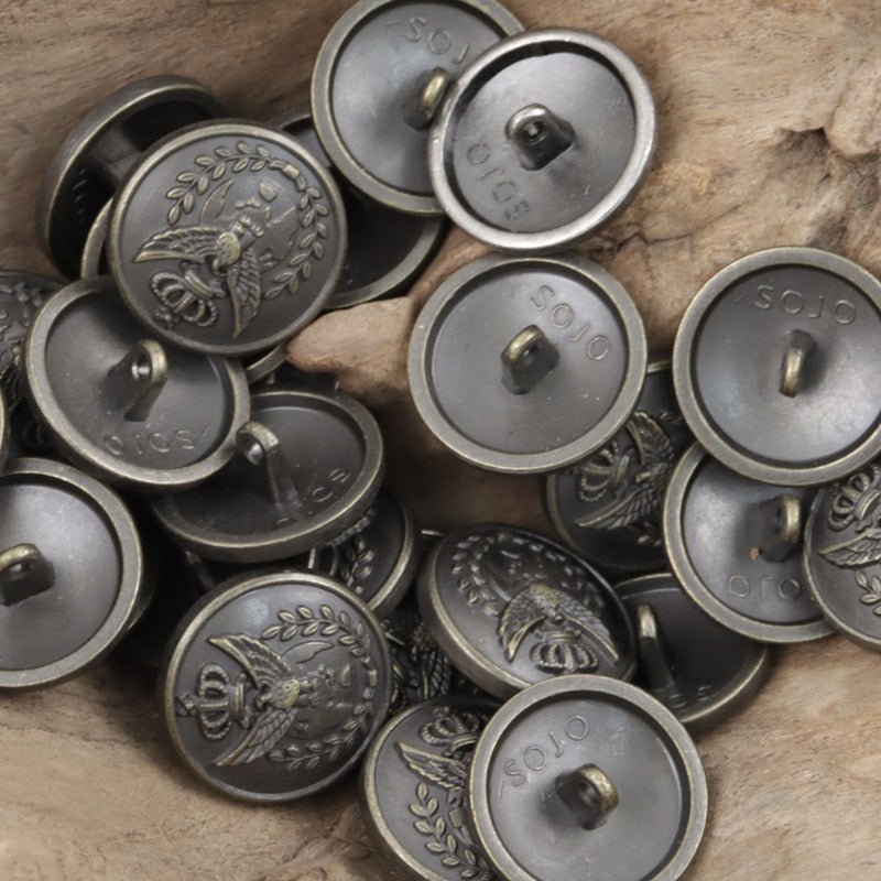 Black-silver metal buttons with crown and eagle wreath; visible shanks on backs