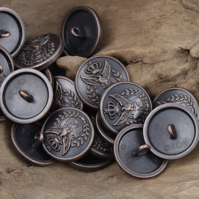 Dark metal crown-and-eagle buttons, round faces with wreath details and shanks