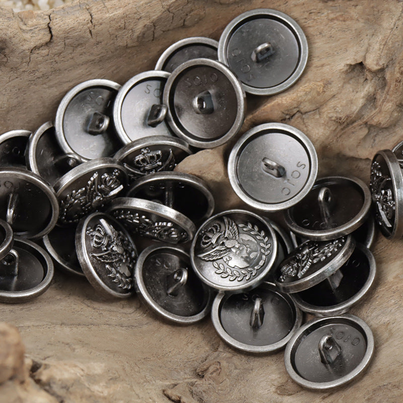 Black-silver metal buttons with crown and eagle motif; shanks visible on reverse