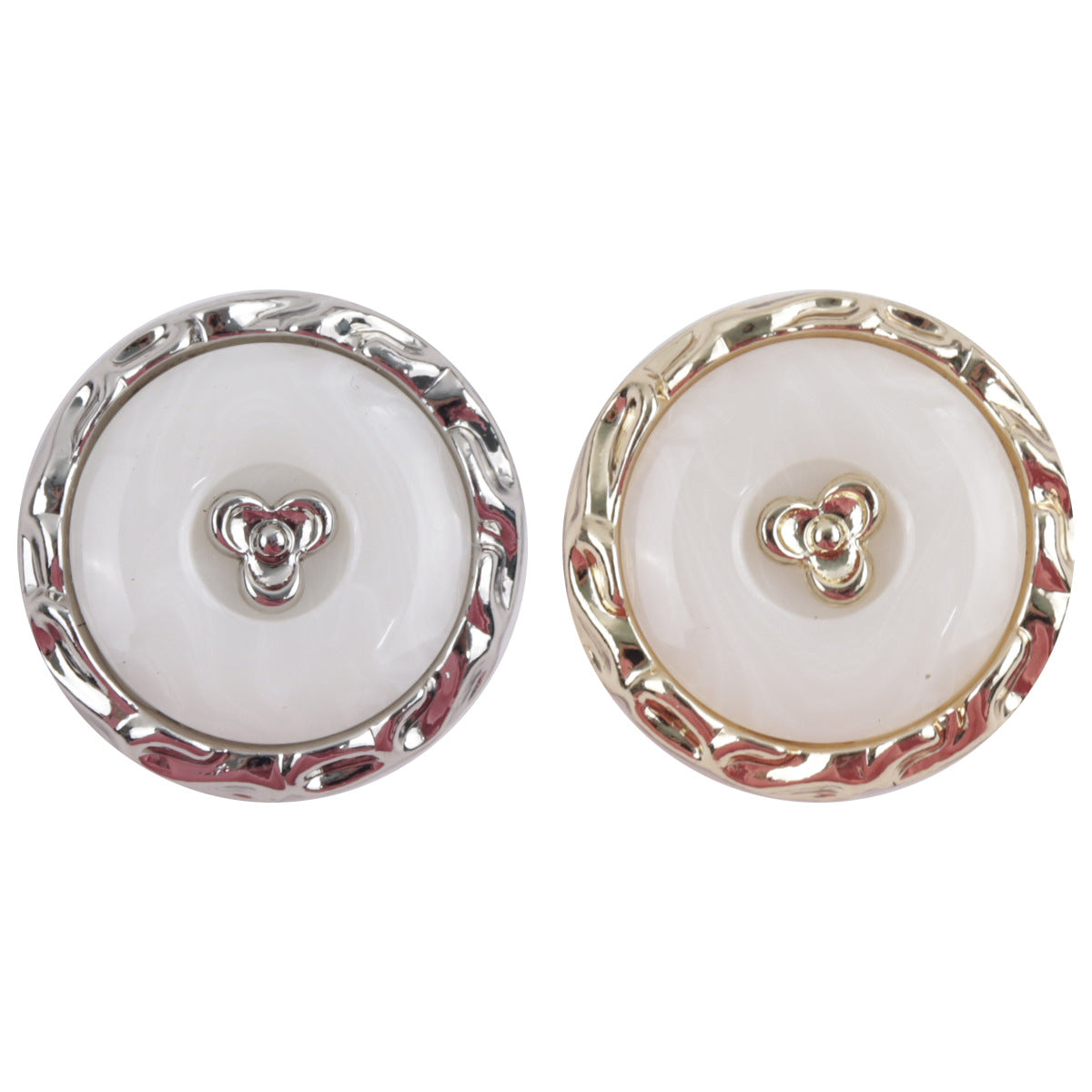 Shamrock resin-metal buttons with white resin centers, silver and gold frames (2 views)