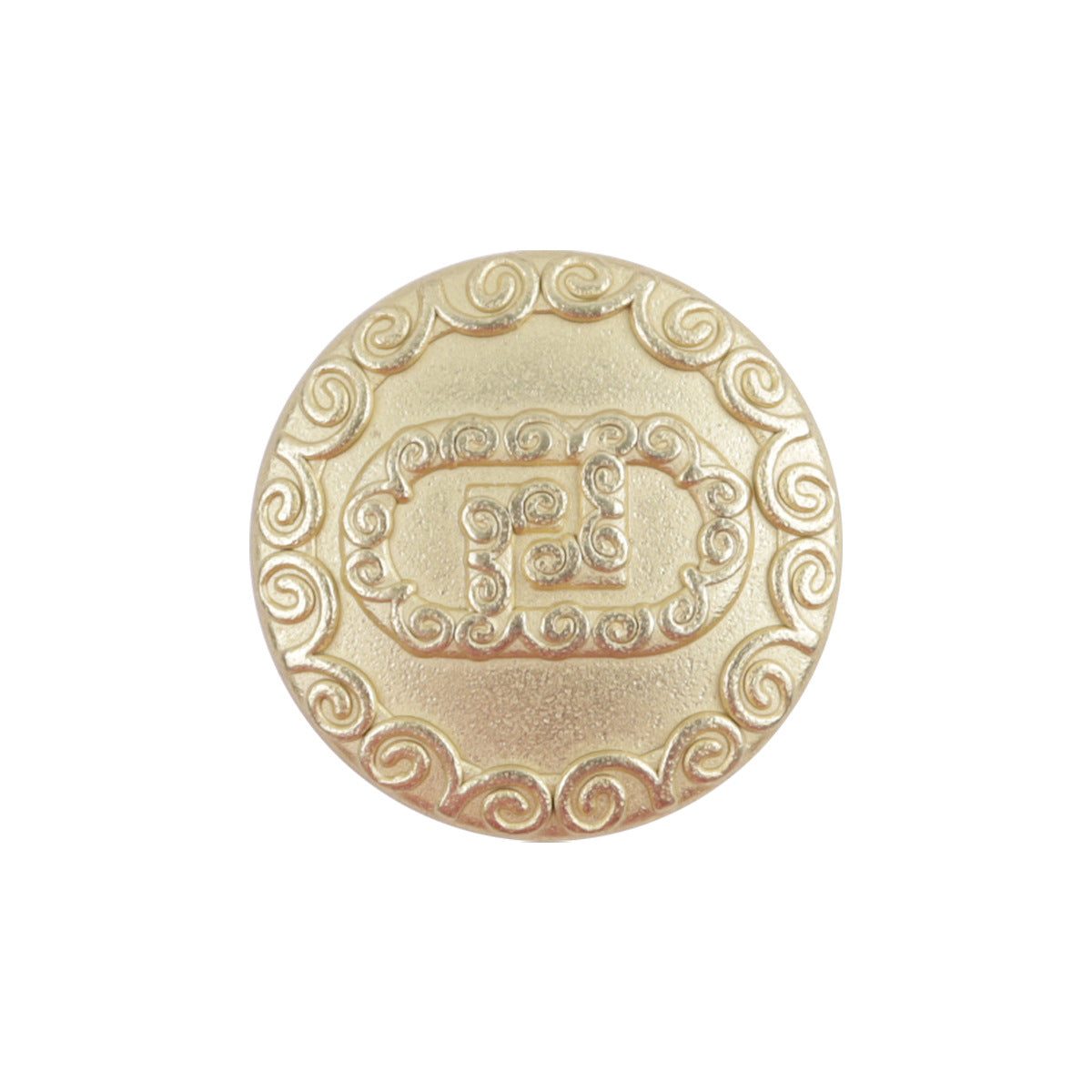 Gold ornate cloud metal button, round with patterned border and central motif
