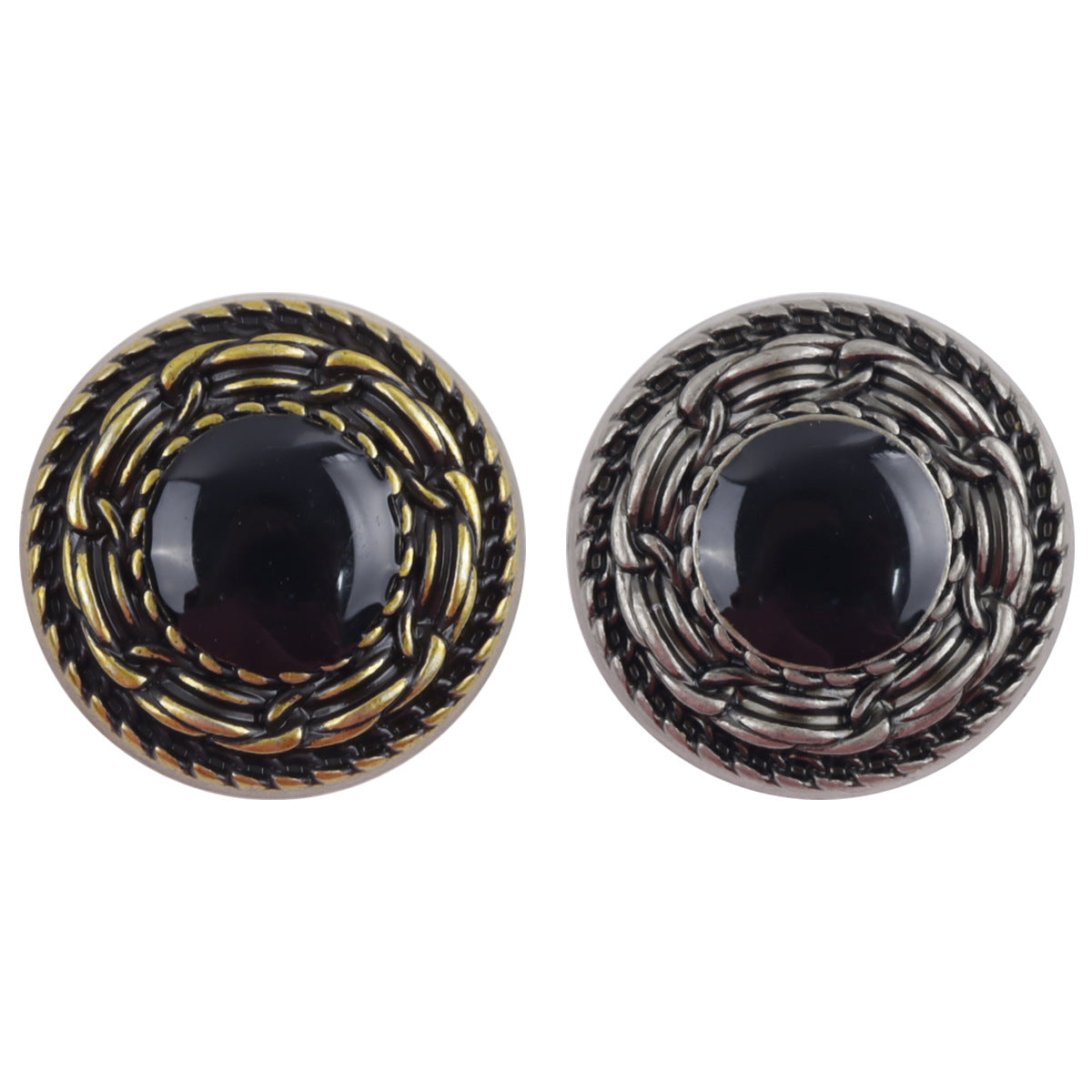 Vintage metal buttons: bronze & black-silver round, woven border, dark center (2 pcs)