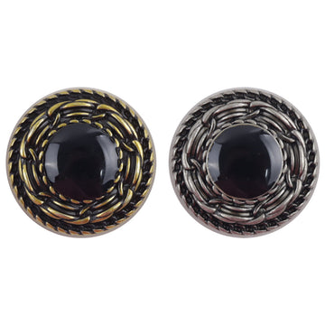 Vintage metal buttons: bronze & black-silver round, woven border, dark center (2 pcs)