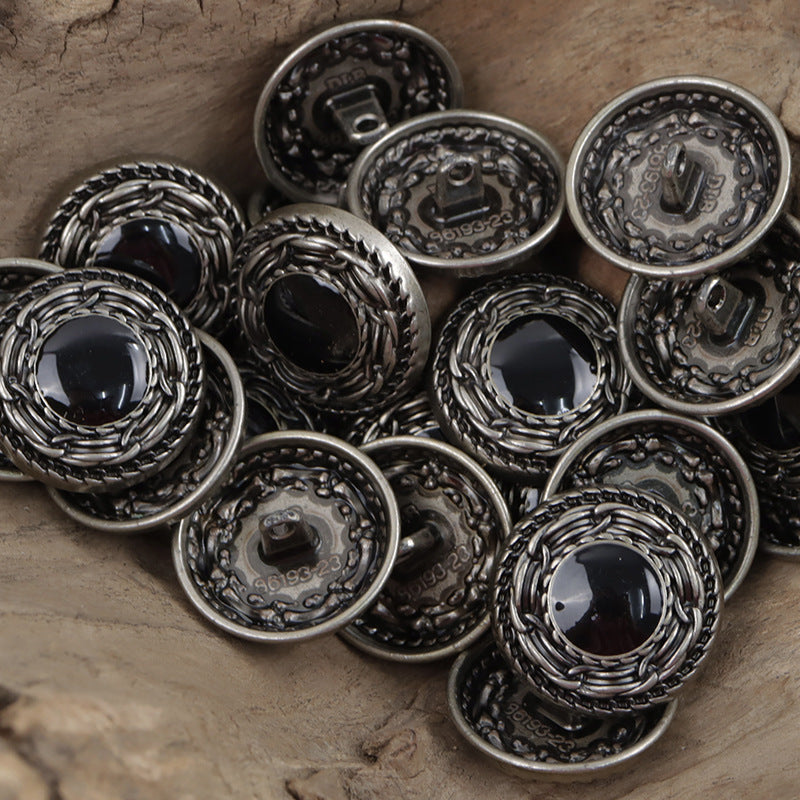 Black-silver metal buttons, round braided edging with dark center and back holes