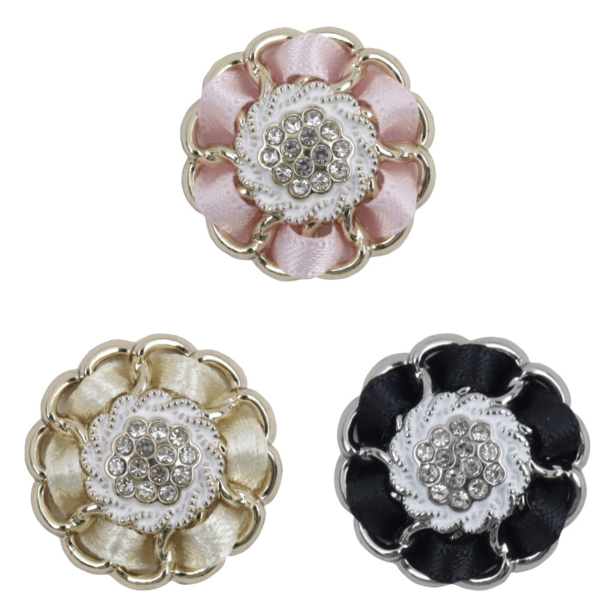 Hydrangea-Dekoknöpfe mit Strass: rosa, goldfarben & schwarz, 3er-Ansicht