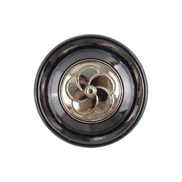 Camellia shiny black metal shank button, mirrored center flower design