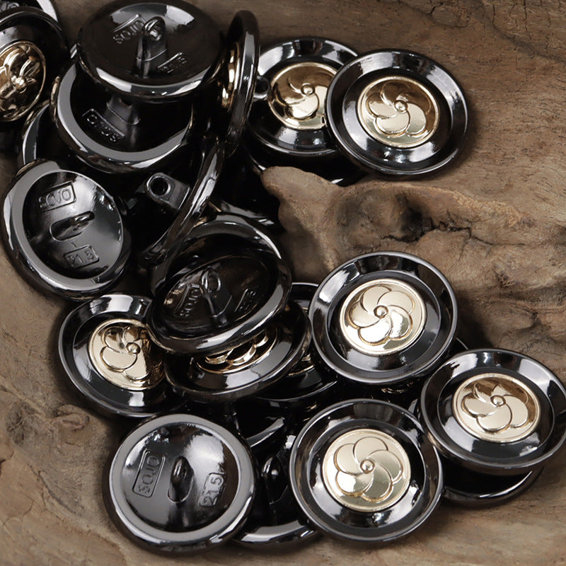 Set of shiny black metal camellia shank buttons for hoodies, multiple views
