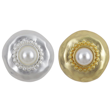 Round metal buttons with white pearl centers, silver and gold finishes