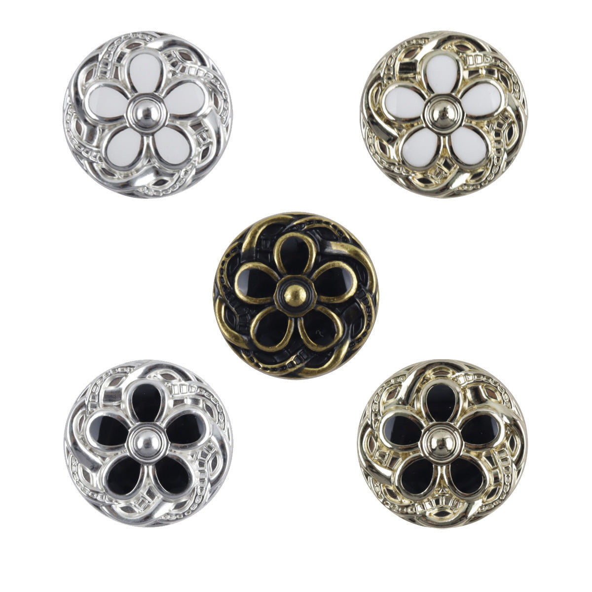 Daisy-shaped metal coat buttons, white-gold tone with etched petals and center shank