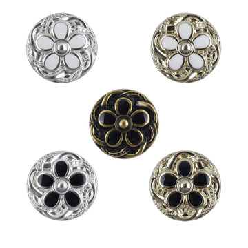 Daisy-shaped metal coat buttons, white-gold tone with etched petals and center shank