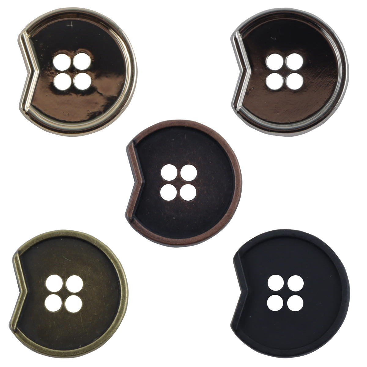 Minimalist irregular notched 4-hole metal buttons, mixed silver and dark finishes