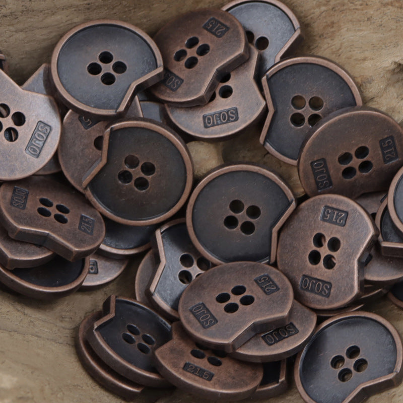 Minimalist irregular notched 4-hole metal buttons, mixed bronze and dark metallic tones
